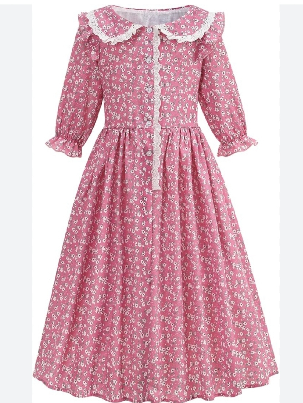 Bonnet & Vintage Pink Floral Prairie Dress with Peter Pan Collar C363